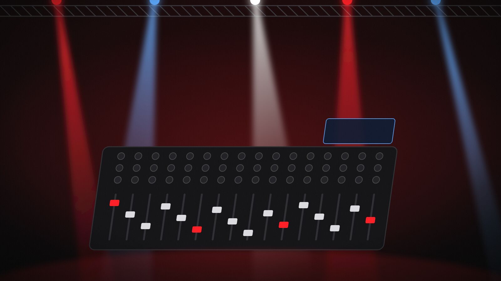 Illustration d'une console de mixage sous des faisceaux de lumière rouges, blancs et bleus