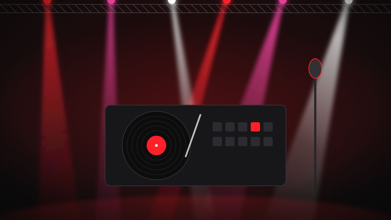 Illustration d'une platine DJ et d'un micro sur pied sous des lumières roses et rouges