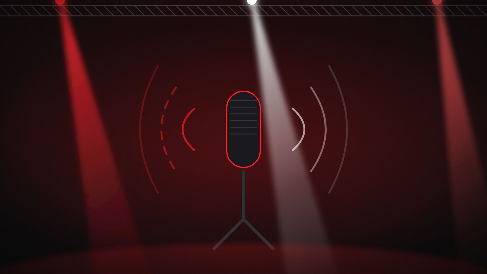 Illustration d'un micro sur pied avec des ondes sonores interrompues sous des faisceaux rouges